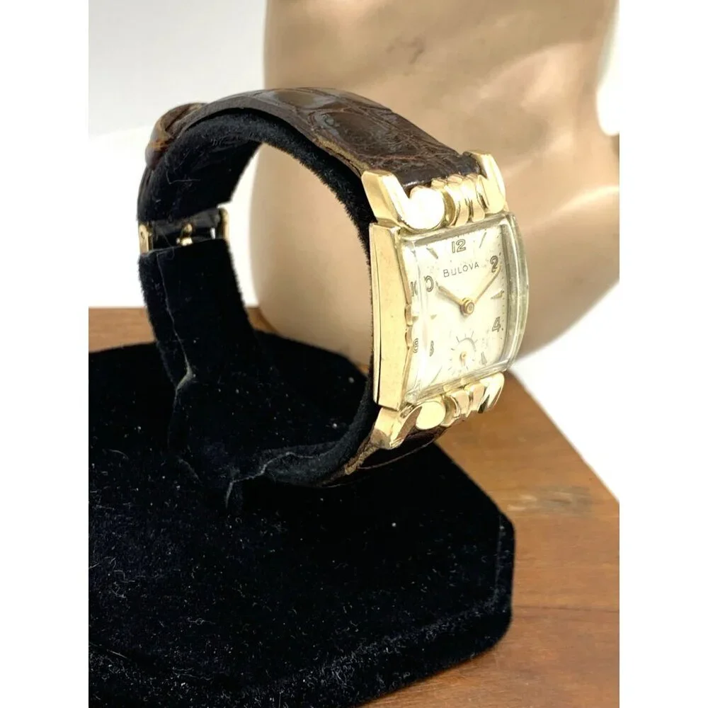 Bulova Watch Vintage 1953 8AC Mechanical Tank 10k Rolled Gold Brown Leather Band